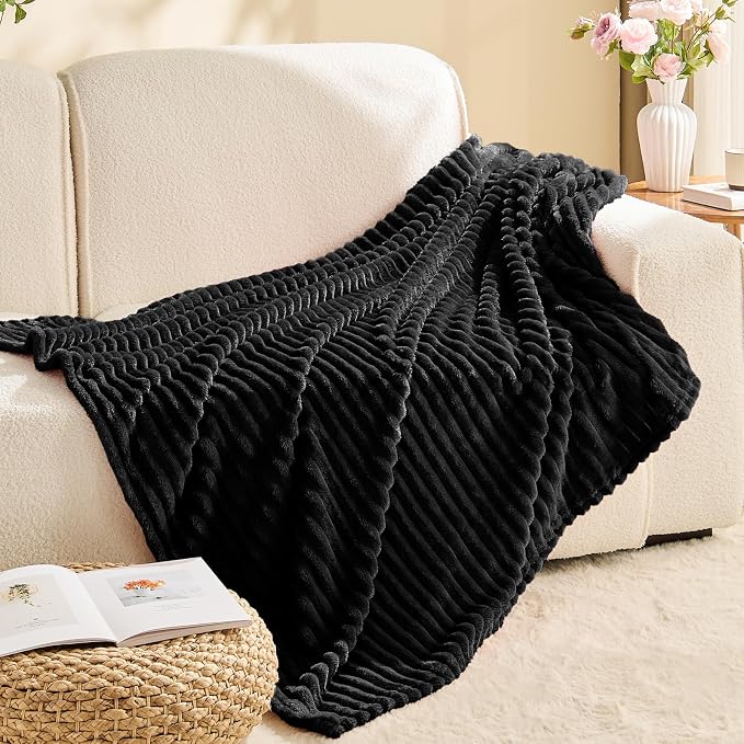 BEDELITE 3D Ribbed Jacquard Black Fleece Twin Blanket for Bed, 60x80 Inch | Soft Warm Decorative Fluffy Blanket, Cozy Plush Lightweight Fuzzy Throw Blanket for Couch Sofa Room Decor, Gift for Women