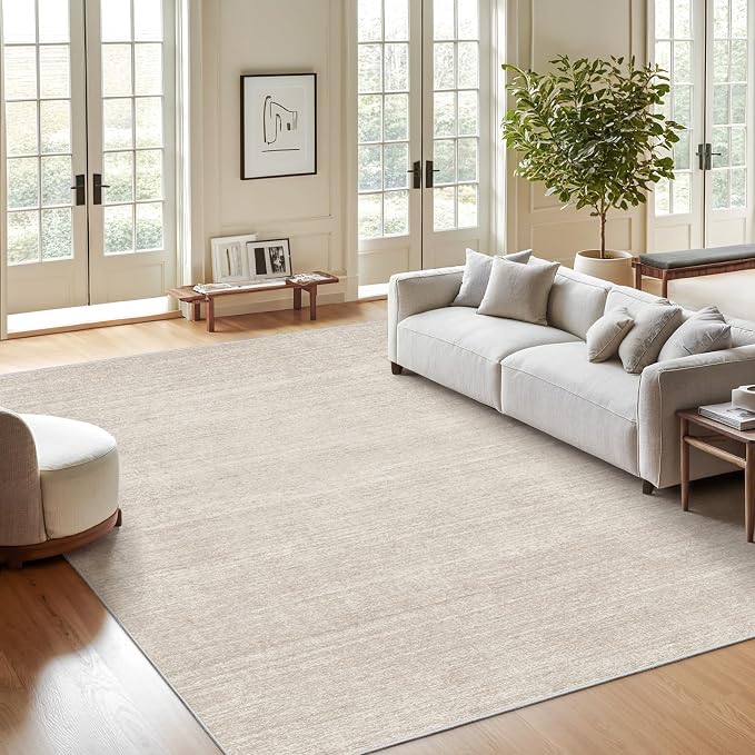 6x9 Area Rugs Non Slip, Large Washable Rugs for Living Room, Beige | Soft Low Pile, Thin & Lighweight Carpet, Folable Stain Resistant Modern Indoor Floor Mat for Bedroom, Dining Room, Home Decor