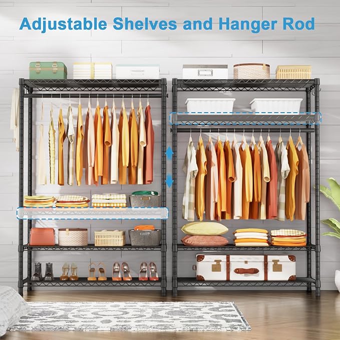 Ulif H4 Plus Portable Closets, 4-Tier Clothes Garment Rack for Bedroom | Heavy-Duty Metal Clothing Storage and Organizer Wardrobe System for Cloakroom, 45"W x 14"D x 76.4"H, Load 522lbs, Black