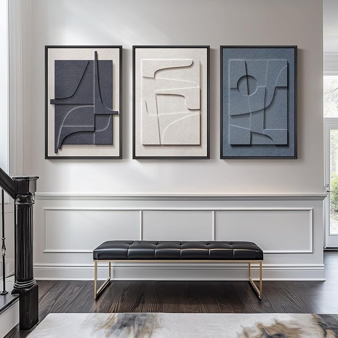 Large Framed Blue Abstract Wall Art for Living Room, Modern 3D Artwork | Solid wood frame, Navy blue and white pictures, Set of 3 piece big 24x36 in, Textured paintings wall decor bedroom office