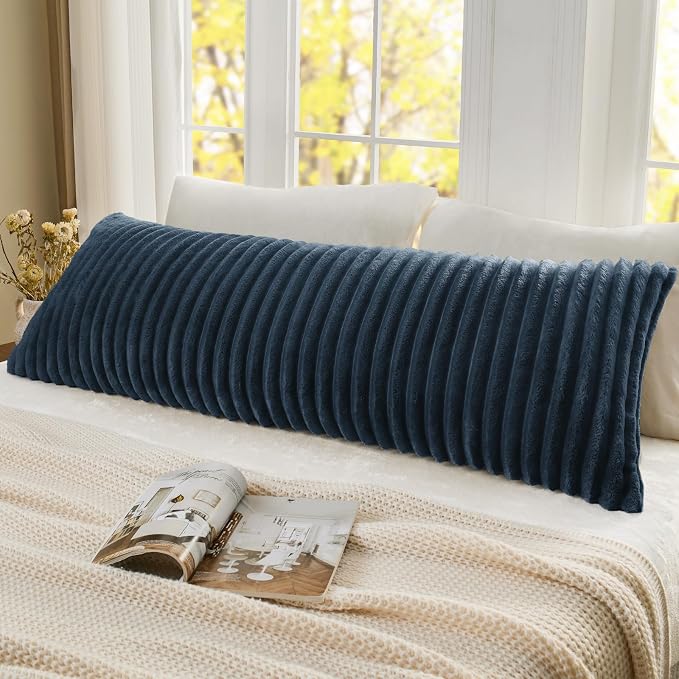BEDELITE Fluffy Striped Body Pillow Cover with Zipper, Navy Blue, 20x54 | Ultra-soft Faux Fur with 8D Striped Texture, Comfy, Plush, and Cloud-like, Body Pillow Pillowcase for Bed Couch Room Decor
