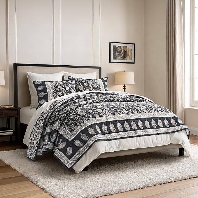 100% Cotton Floral Quilt Set, Queen Size, Dark Charcoal 92"×96" | Reversible Lightweight Bedspread Coverlet, Vintage Floral Farmhouse Bedding, Traditional Botanical Quilt with 2 Pillow Shams