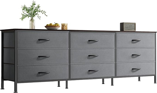 Huuger 63 Inch Dresser for Bedroom, Dresser for Closet with 9 Fabric Drawers, Large TV Stand for 55, 65, 70 Inch TV, Entertainment Center with Storage, Wide Long Chest of Drawers, Walnut and Dark Grey