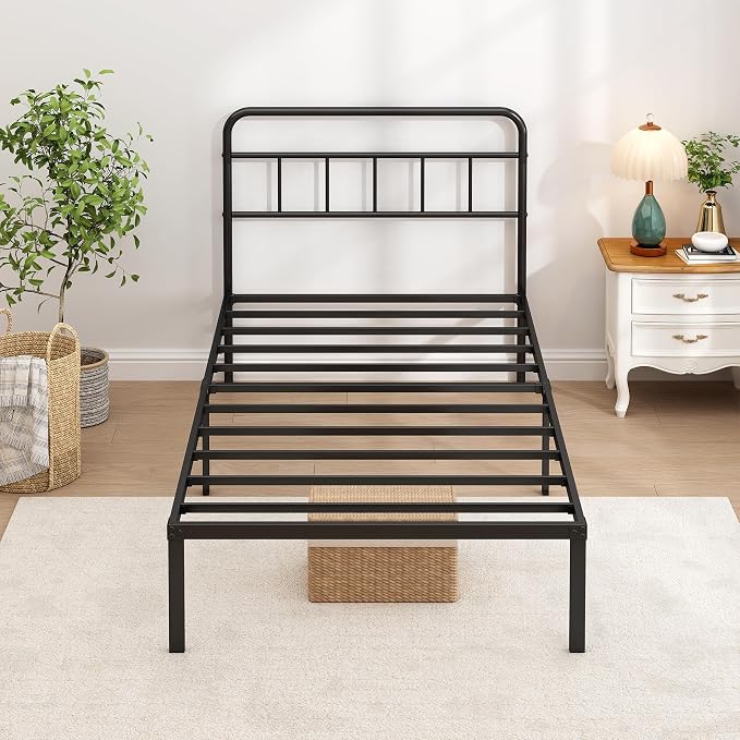 Twin Bed Frame with Classic Headboard, Black | Strong Metal Slats Support,Under Bed Storage Space,No Box Spring Needed,Easy to Assemble