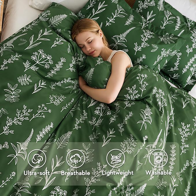 MUXHOMO Duvet Cover Queen Size, Reversible Floral Dark Green Duvet Cover Set with Zipper Closure, 3 Pieces Botanical Patterns Soft Microfiber Bedding Set with 4 Ties (90"x90", 2 Pillow Cases)