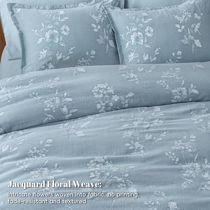 PHF Stone-Washed 100% Cotton Duvet Cover Queen Size, 90"x90", Stormy Blue | Elegant Floral Jacquard Woven, Ultra Soft Breathable All Season Bedding Set for Adults, 3pcs with 2 Pillow Shams, No Filling