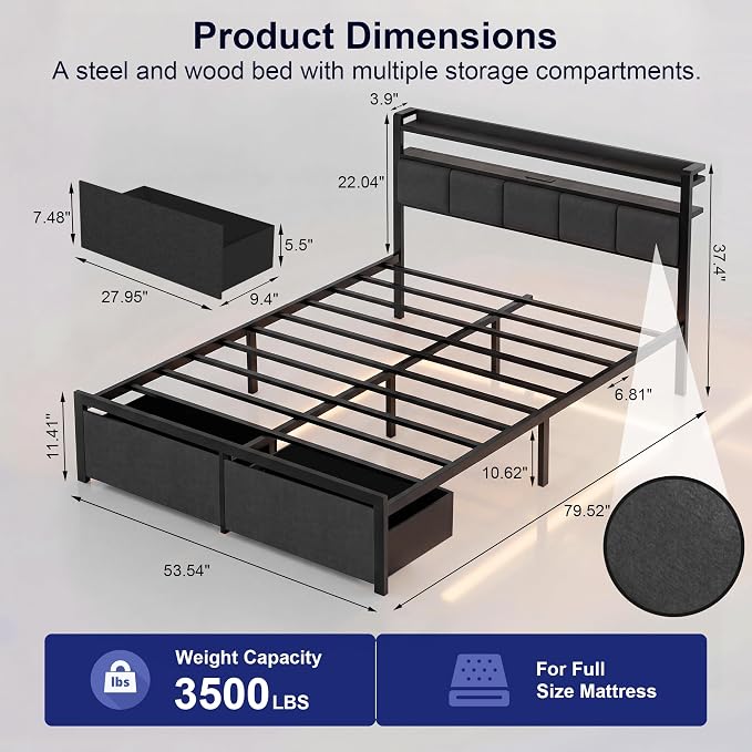Full Bed Frame with 2 Storage Drawers, Platform Bed with LED Lights & Charging Station, Upholstered Headboard with 2-Tier Shelves, Heavy Duty Metal Sltats, No Box Spring Needed, Noise Free