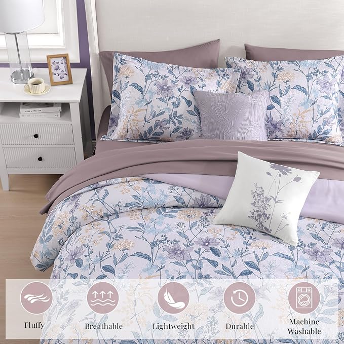 Full Size Comforter Sets - 7 Pieces Floral Bed in a Bag Full Bedding Set | Purple Botanical Flowers Comforter Set with Sheets, Pillowcases & Shams for All Seasons