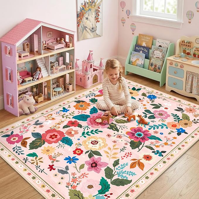 RELEANY Floral Washable 8x10 Area Rugs Pink | Flower Carpet, Print, Boho, Non-Slip, Easy to Clean, Soft, Low Pile for Living Room Bedroom Kitchen Office Entryway Hallway