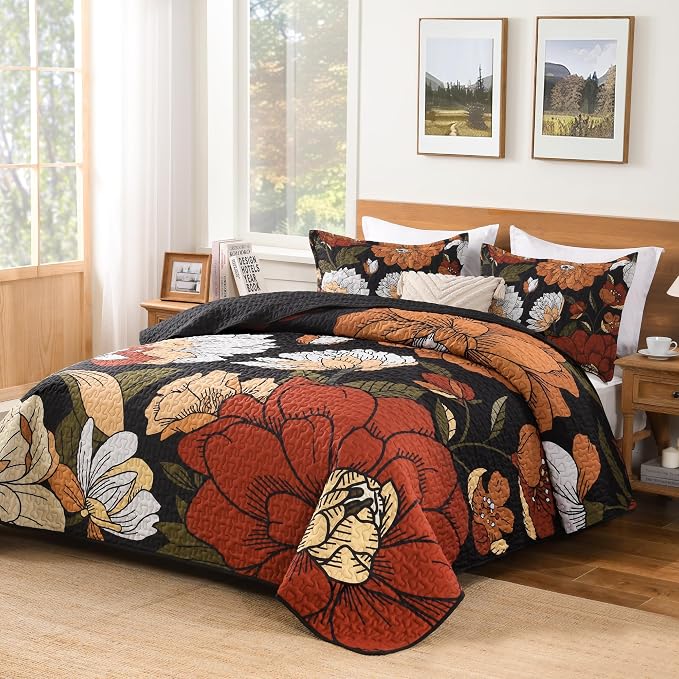 Andency Oversized King Quilt Set Black, 120x120 Floral Super King Bedspread | 3 Pieces Brown Boho Flower Botanical Summer Bedspreads with 2 Shams, Reversible Polyester Coverlet Set for All Seasons