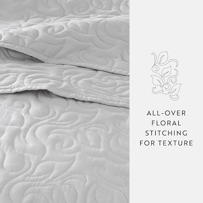 Merit Linens Modern Quilt Coverlet Soft Set in Floral Stitching - Full/Queen Light Gray
