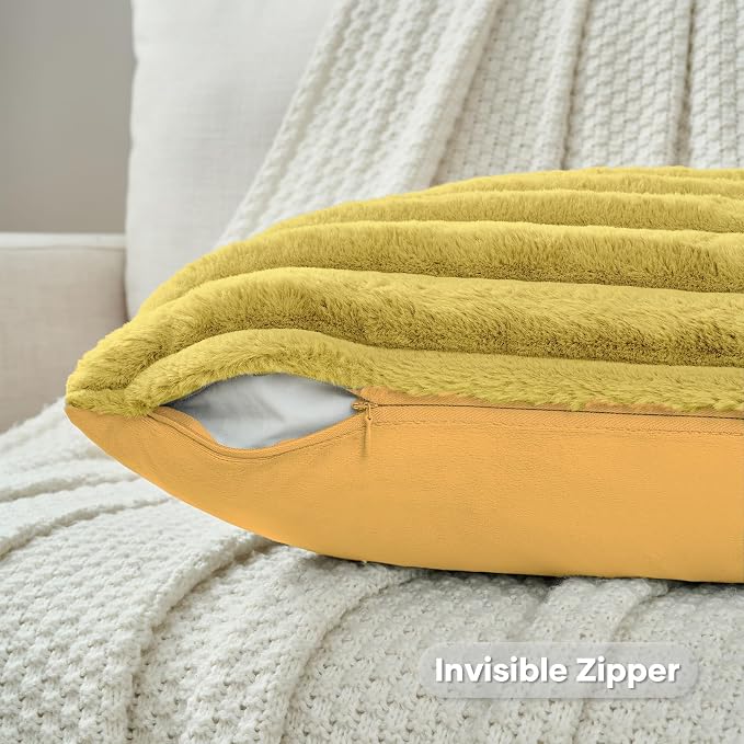 FUTEI Pack of 2 Faux Fur Throw Pillow Covers 12x20 Inch, Mustard Yellow | Fluffy Faux Rabbit Fur Front/Premium Velvet Back,Hidden Zipper,Machine Washable,Non-Shedding,Colorfast,Insert Not Included.