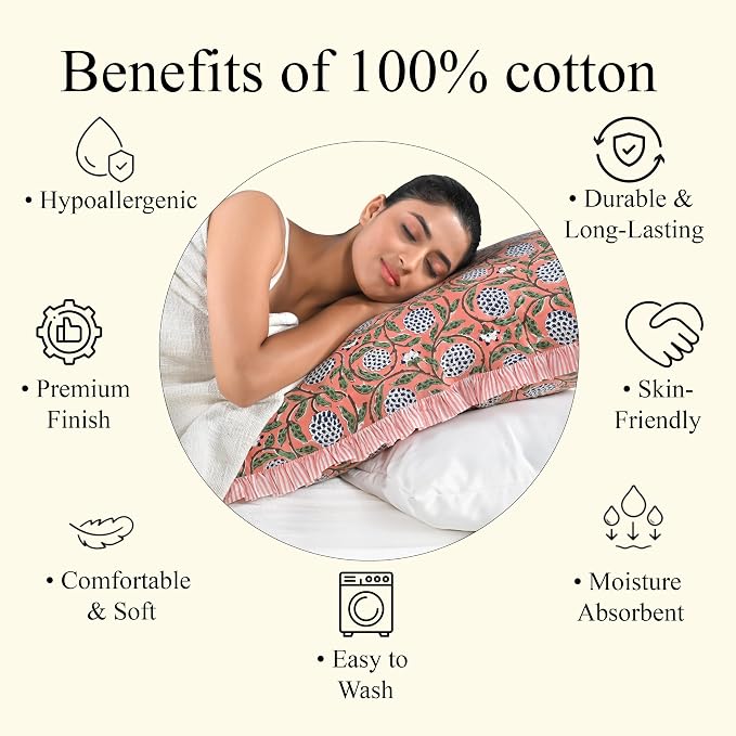 Ridhi Block Print Dark Salmon Pink Ruffle Lumbar Pillow Shams, 54" x 20" | 100% cotton, Floral Pillowcase, Cushion Cover, Hidden Zipper, Cottagecore Bedding, farmhouse boho style, fits couch, sofa,Bed