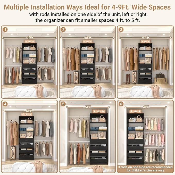 Aheaplus Closet System, 4-9Ft Closet Organizer with 4 Wooden Drawers, Black | Wood Closet Organizer System with Tower, Walk-in Closet Organizer Wardrobe Clothes Rack with 4 Hanging Rods, Garment Rack