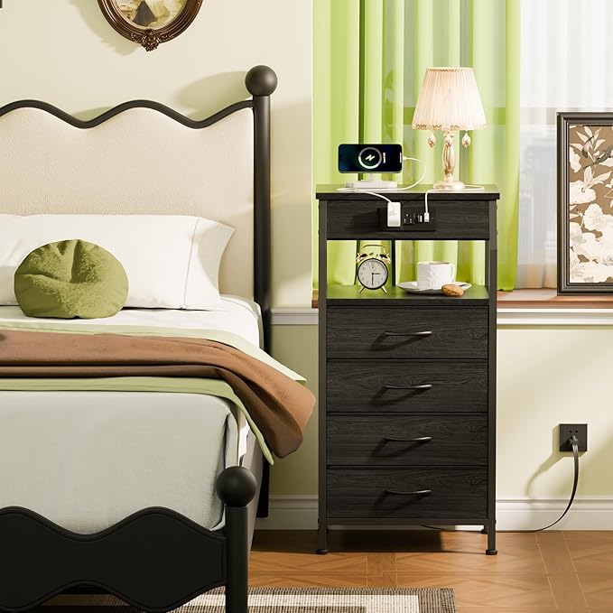 Furnulem Tall Night Stand with Charging Station, 4 Drawers Bedside Table | Small Black Dresser, 33.3 Inch Tall Dorm Nightstand, Fabric Drawers, Storage Tower for Closet, Bedroom, 3 Ways to Use