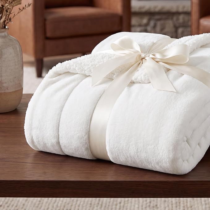 Bedsure GentleSoft Sherpa Fleece Throw Blanket for Couch, Non-Heated, Thick and Warm Throw for Women and Men, Soft Fuzzy Plush Blanket for Winter, Bright White, 50x60 Inches