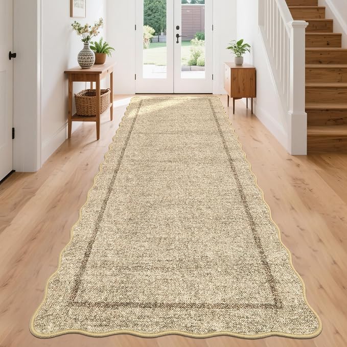GarveeHome Scalloped Runner Rug for Hallway 2x10 Non Slip Washable | Kitchen Rugs Modern Entryway Rug Farmhouse Soft Bathroom Rugs Stain Resistant Carpet for Hallway Laundry Bedroom Jute Color