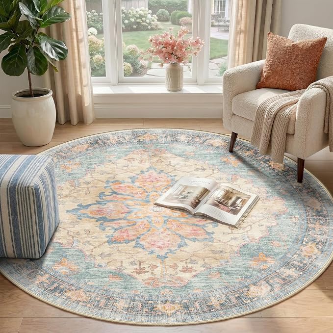 RELEANY Washable Area Rug, Round 4ft, Blue/Orange/Red | Non-Slip, Water Repellent, Pet Friendly, Easy to Clean, Vintage Floral Boho Decor for Living Room Bedroom Dining Room Entry