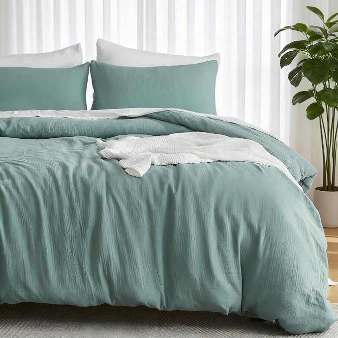 EMME Muslin Cotton Duvet Cover Set Queen Size Linen Like Soft Breathable Lightweight Summer Comforter Cover Set with Zipper Closure (Teal, Queen, 90"x90")