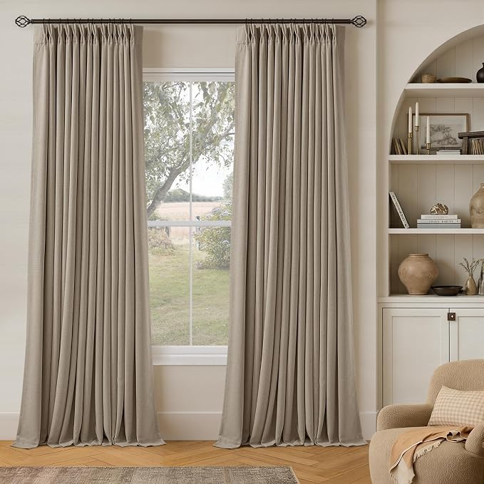 Pleated Linen Blackout Curtains 112 Inches Long for Living Room Deep Flax | Pinch Pleat for Track System, Custom Made, Memory Shape, Drape 100% Black Out Light Blocking, Bedroom Window Curtain Greige