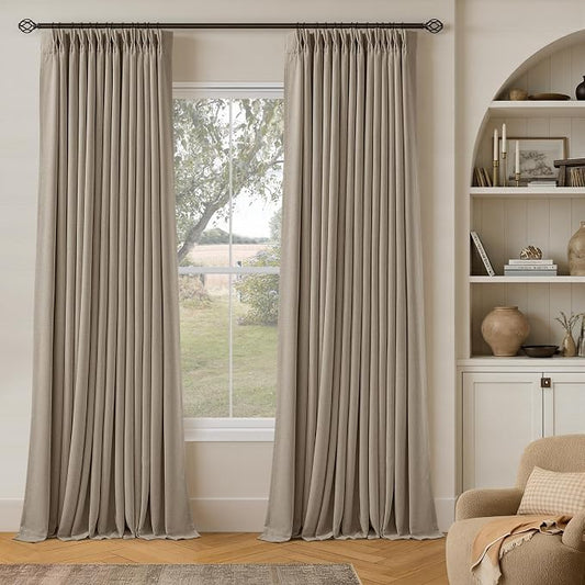 Pleated Linen Blackout Curtains 112 Inches Long for Living Room Deep Flax | Pinch Pleat for Track System, Custom Made, Memory Shape, Drape 100% Black Out Light Blocking, Bedroom Window Curtain Greige