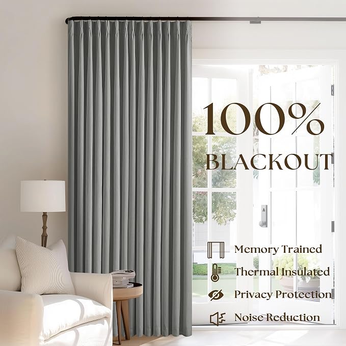 Grey Pinch Pleated 100% Blackout Linen 80 Inch Window Curtains 2 Panels Set | Black Out UV Blocking Thermal Insulated, for Living Room Bedroom, Back Tab Pinch Pleat with Hooks Rings, W40xL80, Dark Gray