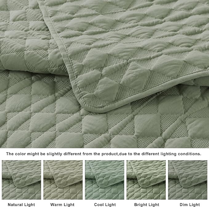 WDCOZY Sage Green Quilt Twin Size Bedding Sets with 1 Pillow Sham, Lightweight Soft Bedspread Coverlet, Twin XL Thin Comforter Bed Cover, All Season Spring Summer, 2 Pieces, 68x90 inches