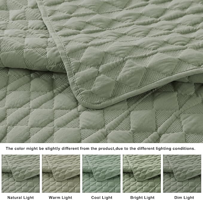 WDCOZY Sage Green Quilt Queen Size Bedding Sets with 2 Pillow Shams, Lightweight Soft Bedspread Coverlet, Quilted Blanket Thin Comforter Bed Cover, All Season Spring Summer, 3 Pieces, 90x90 inches