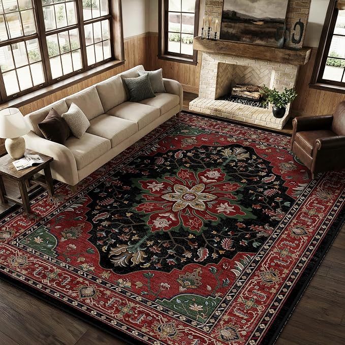 RELEANY Washable Area Rug, Large 9'x12', Red/Black | Non-Slip, Water Repellent, Pet Friendly, Easy to Clean, Vintage Floral Boho Decor for Living Room Bedroom Dining Room