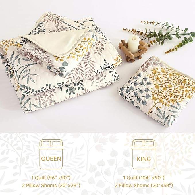 WONGS BEDDINGKing Quilt Set, 3 Pcs Yellow Green Floral Bedspread Coverlet | Botanical Print Quilt Set for Spring Summer, Lightweight Microfiber Farmhouse Quilted Bed Cover for Guest Room 110"×90"