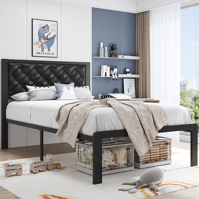 HISOFT Twin Bed Frame with Upholstered Button Tufted Headboard, Bed Frame Platform Metal Slats Support, Under Bed Storage, No Box Spring Needed, Noise-Free, Easy Assembly, Black