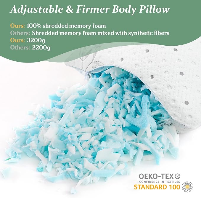 Dreamood Body Pillow Shredded Memory Foam with Pillowcase for Adult | Adjustable Foam Pregnancy Long Full Bed Body Pillows for Adults Side Sleeper - with Washable Comfortable Cooling Side Cover