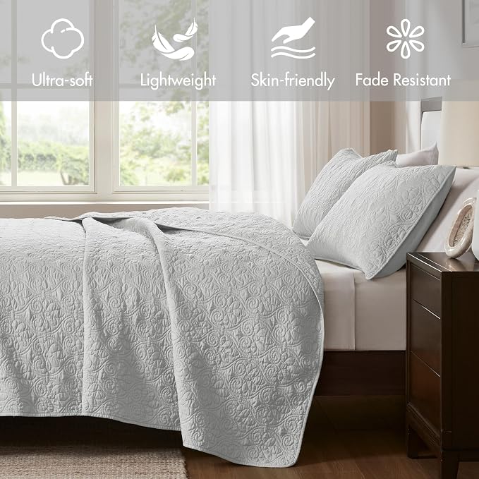 Madison Park Luxurious Cotton Damask Quilt Set, 2PC Twin/Twin XL Bed Set | All Season, Lightweight Stitching Coverlet Bedspread Bedding Stitching with Shams, Grey