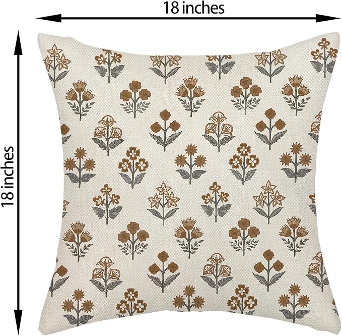 Brown Grey Pillow Covers 18x18 Inch 2 Pcs Gray Block Print Vintage Floral Decor Throw Pillows Boho Flower Spring Summer Outdoor Seasonal Decoration Pillowcase Linen Cushion Cover for Couch Sofa