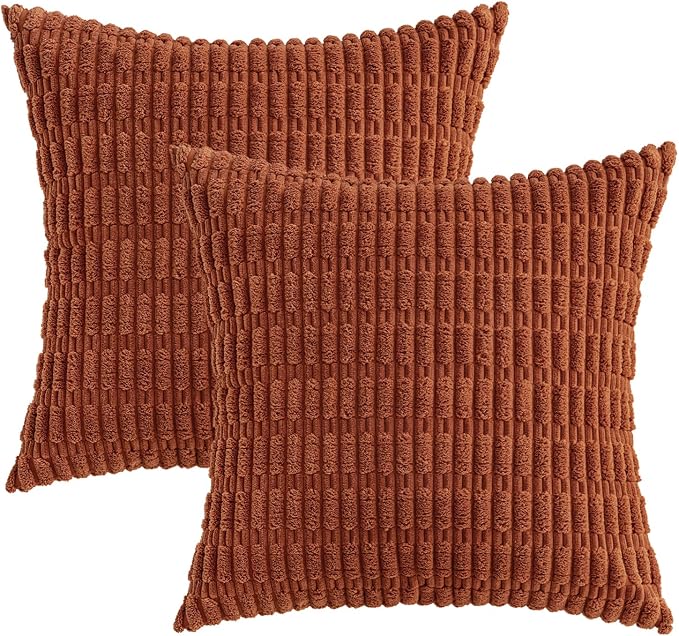 MIULEE Fall Euro Corduroy Decorative Throw Pillow Covers 24x24 Dark Rust | Pack of 2 Sham Terracotta Soft Boho Striped Pillow Covers Modern Farmhouse Autumn Home Decor For Sofa Living Room Couch Bed