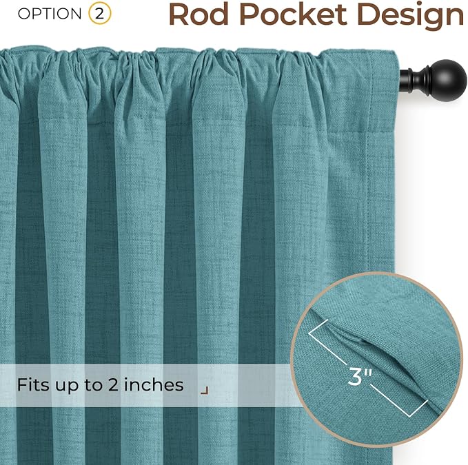 INOVADAY 100% Blackout Linen Curtains for Bedroom 50x90 Inches Teal | Linen Textured, Light Blocking, Room Darkening, Thermal Insulated, Back Tab Top, Window Curtains for Living Room, 2 Panels