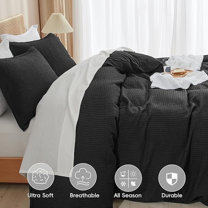 PHF Waffle Duvet Cover Set Queen, Ultra Soft & Breathable, 90"x90", Black | 300GSM Fabrie，No Snagging Textured Honeycomb Comforter Cover for All Season 3pcs, Durable Bedding Duvet Set, Home Decor Gift