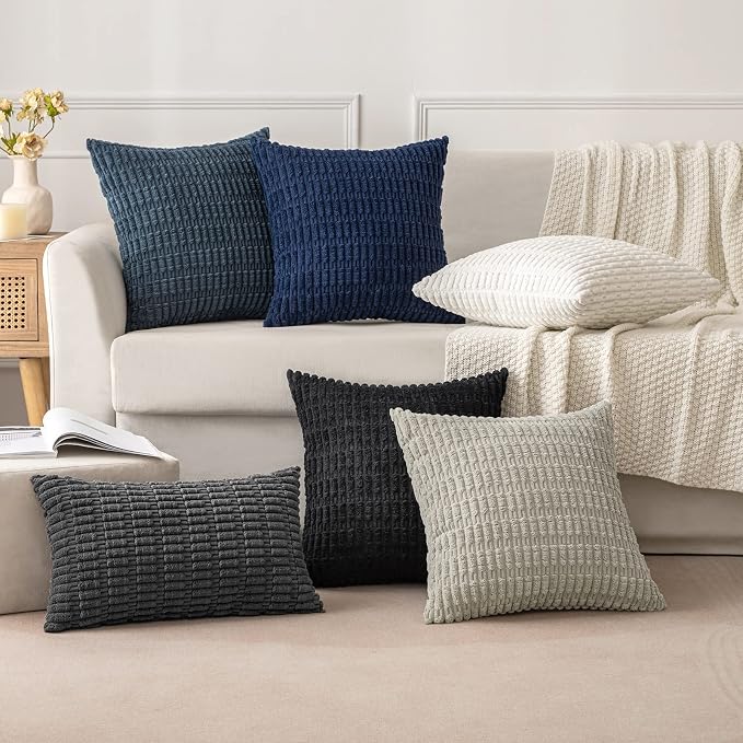 MIULEE Euro Sham Corduroy Decorative Throw Pillow Covers 24x24 Navy Blue | Pack of 2 Soft Boho Striped Pillow Covers Modern Farmhouse Coastal Home Decor For Sofa Living Room Couch Bed