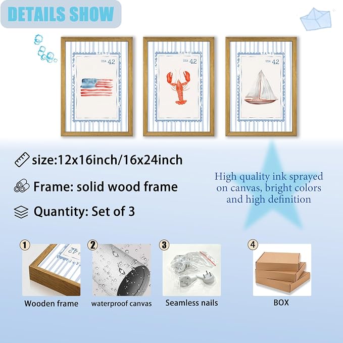 Wood Framed Blue Beach Stamp Set of 3 Canvas Poster Coastal Granddaughter Room Wall Art Decor Vintage Preppy Aesthetic Prints Artwork for Girly Dorm Apartment Ocean Home Decoration 12x16 Inch