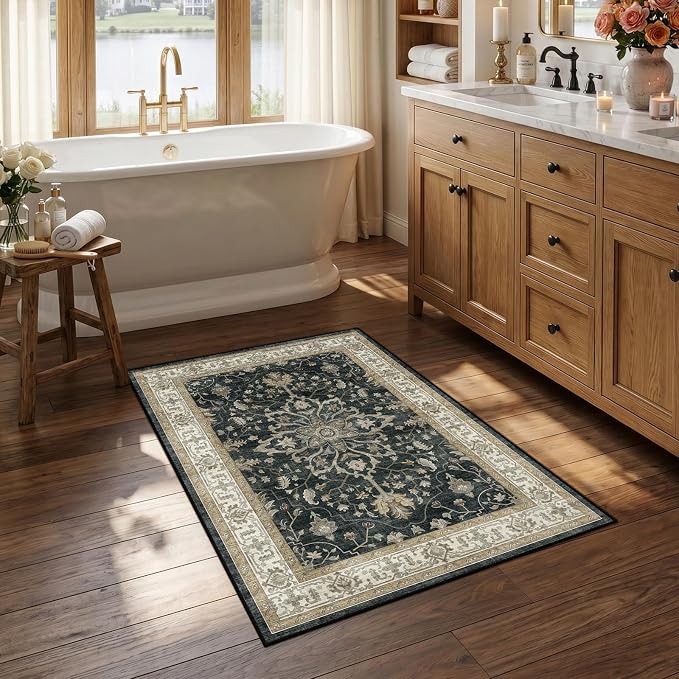 RELEANY Washable Area Rug, Small 2'6"x4', Black/Vintage/Beige | Non-Slip, Water Repellent, Pet Friendly, Easy to Clean, Vintage Floral Boho Decor for Kitchen Entryway Bathroom
