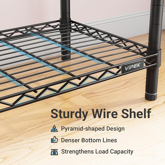 VIPEK R2 Plus Clothes Rack Heavy Duty Rolling Closet for Hanging Clothes | Lockable Silent Wheels, Double Hanging Rods, Adjustable Wire Shelving, Metal Side Hooks, Load 650lbs, for Bedroom/Home, Black