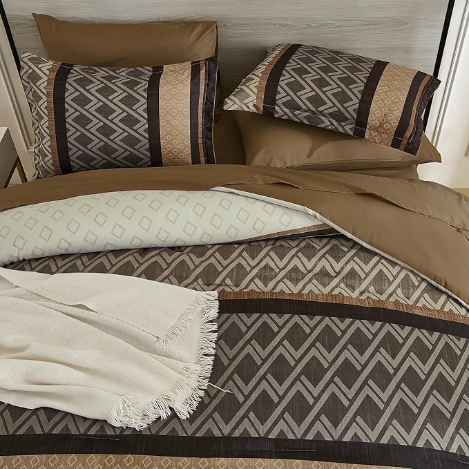 Cottolester Brown Comforter Set Full Size,Fall Striped Bed in a Bag | Boho Plaid Comforter Set,7 Piece Soft Microfiber Bedding Sets