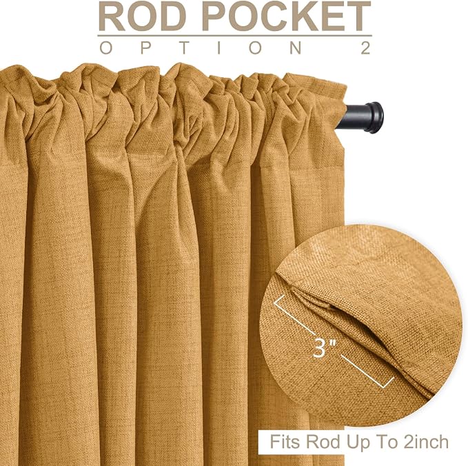 Faux Linen Total Blackout Curtains for Bedroom 96 Inch Long Mustard Yellow | 100% Blackout Shield, Back Tab/Rod Pocket Living Room Drapes, Thermal Insulated Blackout Curtains 2 Panels Set, 50"W x 96"L