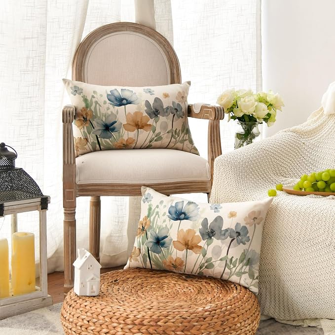 AVOIN colorlife Poppy Chinoiserie Flowers Pillow Covers 12x20 Inch Set of 2 | Light Brown Blue Seasonal Leaves Cushion Case Decoration for Sofa Couch Farmhouse