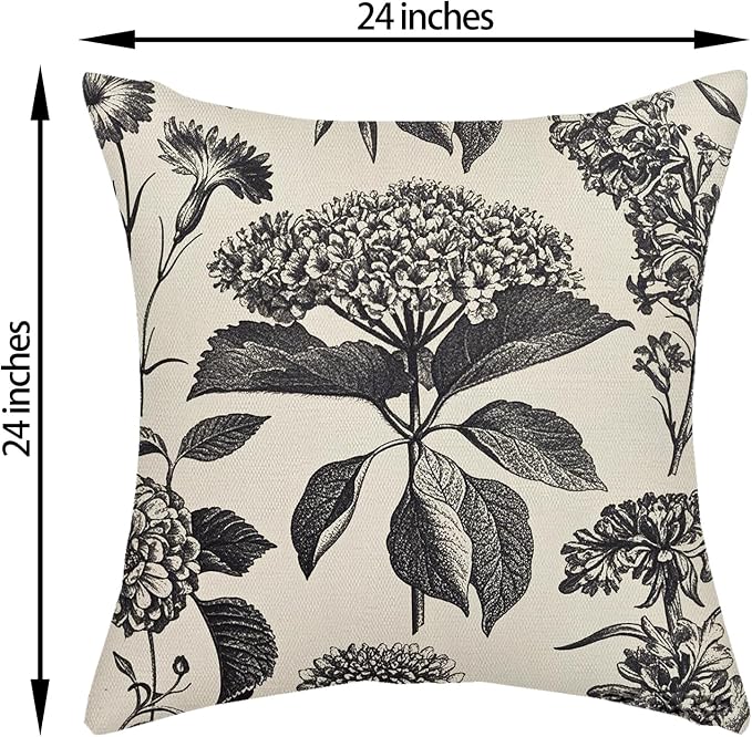 Black Pillow Covers 24x24 Inch 2 Pcs Boho Vintage Floral Decor Throw Pillows Hydrangea Flower Seasonal Outdoor Farmhouse Neutral Accent Decoration Pillowcase Linen Cushion Cover for Couch