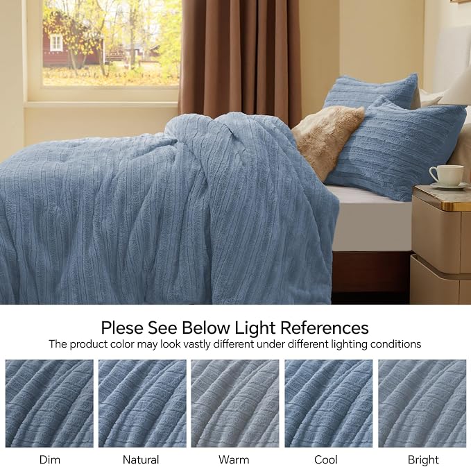 BEDELITE Faux Fur King Size Comforter Set, Fluffy Bed Set, Blue Fog | Super Soft & Warm, Luxury Fuzzy Cozy Comforter for Winter, Heavy Plush Bed set, with 2 Pillowcases