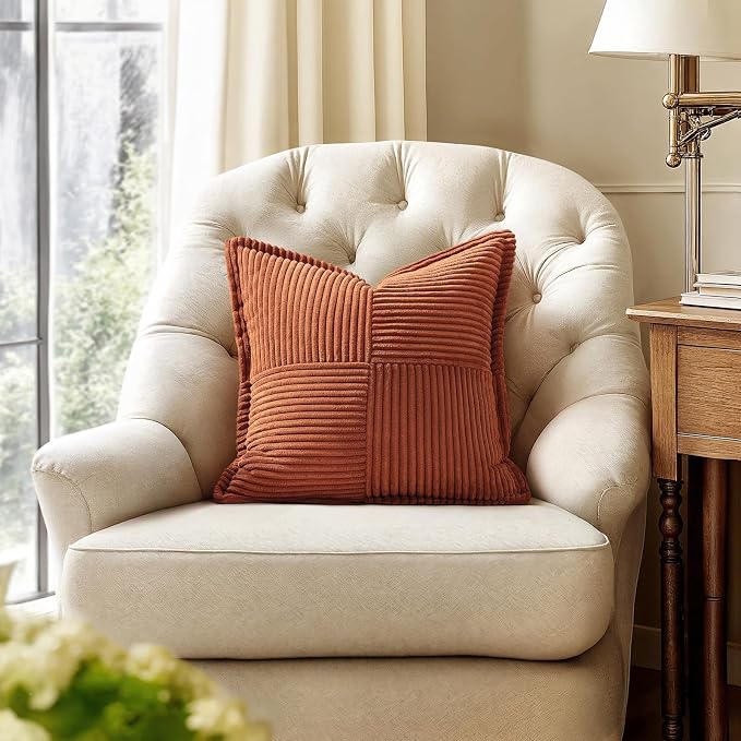 MIULEE Fall Rust Decorative Throw Pillow Covers for Couch 20x20 Inch | 2 Pack, Terracotta Boho Broadside Striped Patchwork Pillow Covers, Soft Corduroy Cushion Cases, For Sofa Bed Livingroom