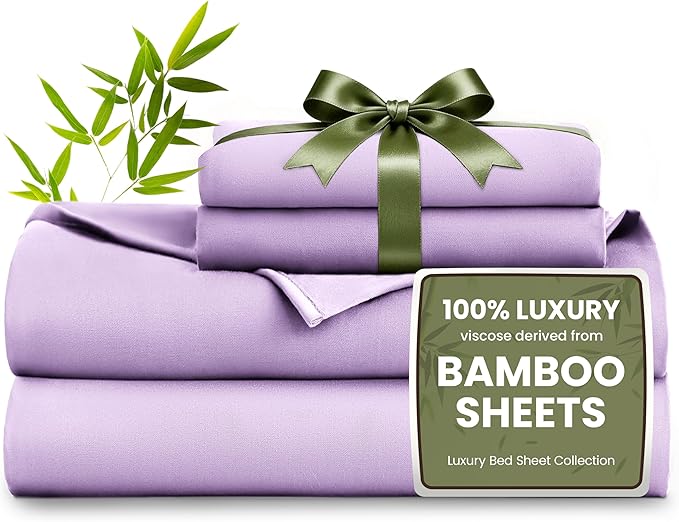 Love's cabin 4 Piece King Size Sheet Set, 100% Rayon Derived from Bamboo, Cooling & Breathable, Soft Silky Deep Pocket up to 16", Hotel Luxury Bedding for Hot Sleepers, Lavender