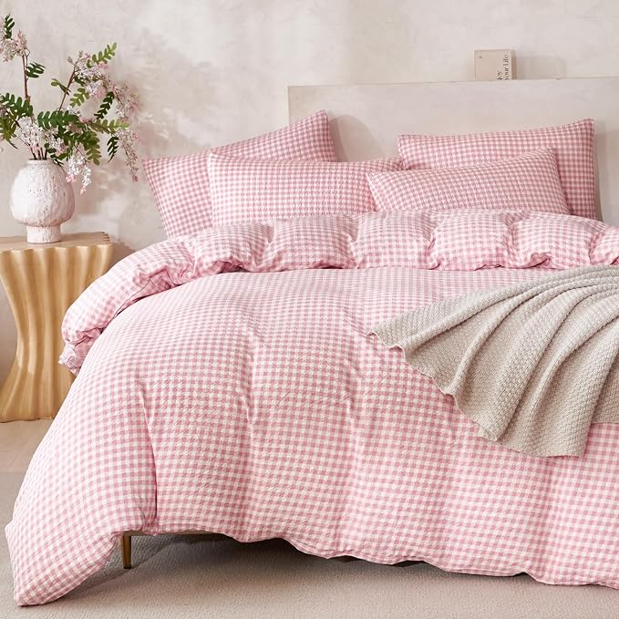 Grid Comforter Set Queen Pink Soft Luxury Washed Microfiber 3 Pieces Bedding Set, White Pink Grid Pattern Comforter with 2 Pillowcases Breathable Durable Comfy