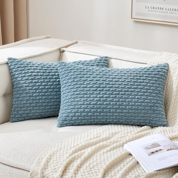 MIULEE Lumbar Decorative Throw Pillow Covers 12x20 Blue Grey Corduroy | Textured Striped Pack of 2 Striped Pillow Covers Modern Farmhouse Coastal Home Decor for Couch Bed Sofa Living Room